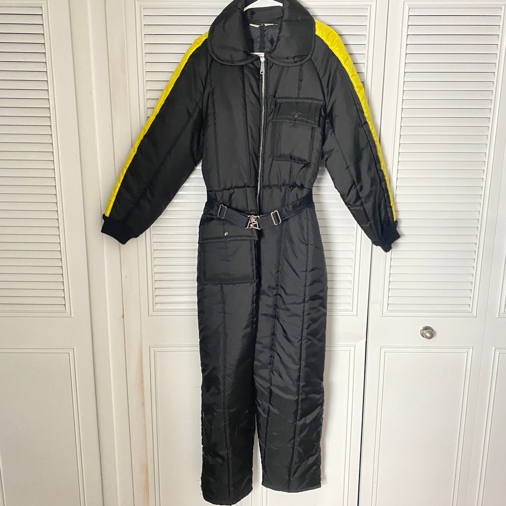 VTG JCPenney Snowmobile Apparel Women M Black Yellow Stripe Quilted Snowsuit NWT